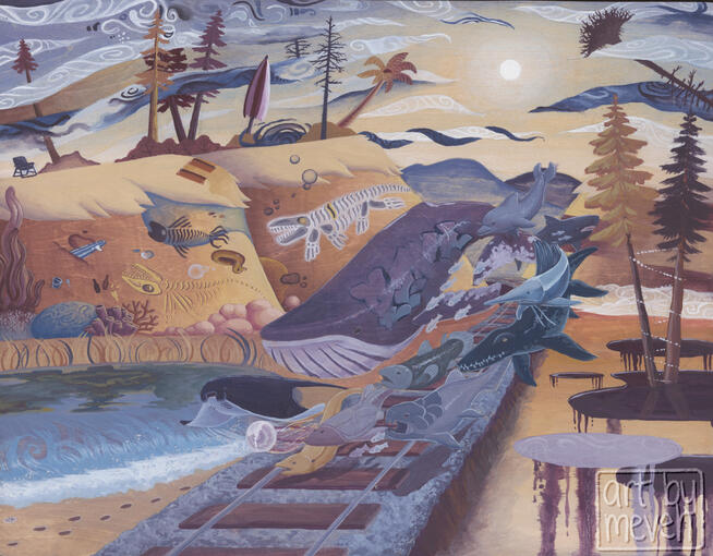 &#39;whale train&#39; - 12x16in gouache on wood panel