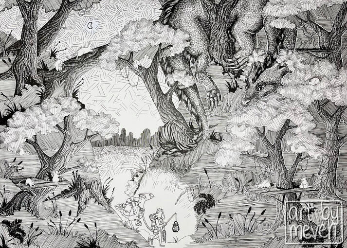 &#39;wayward traveler&#39; - 18x24in pen drawing